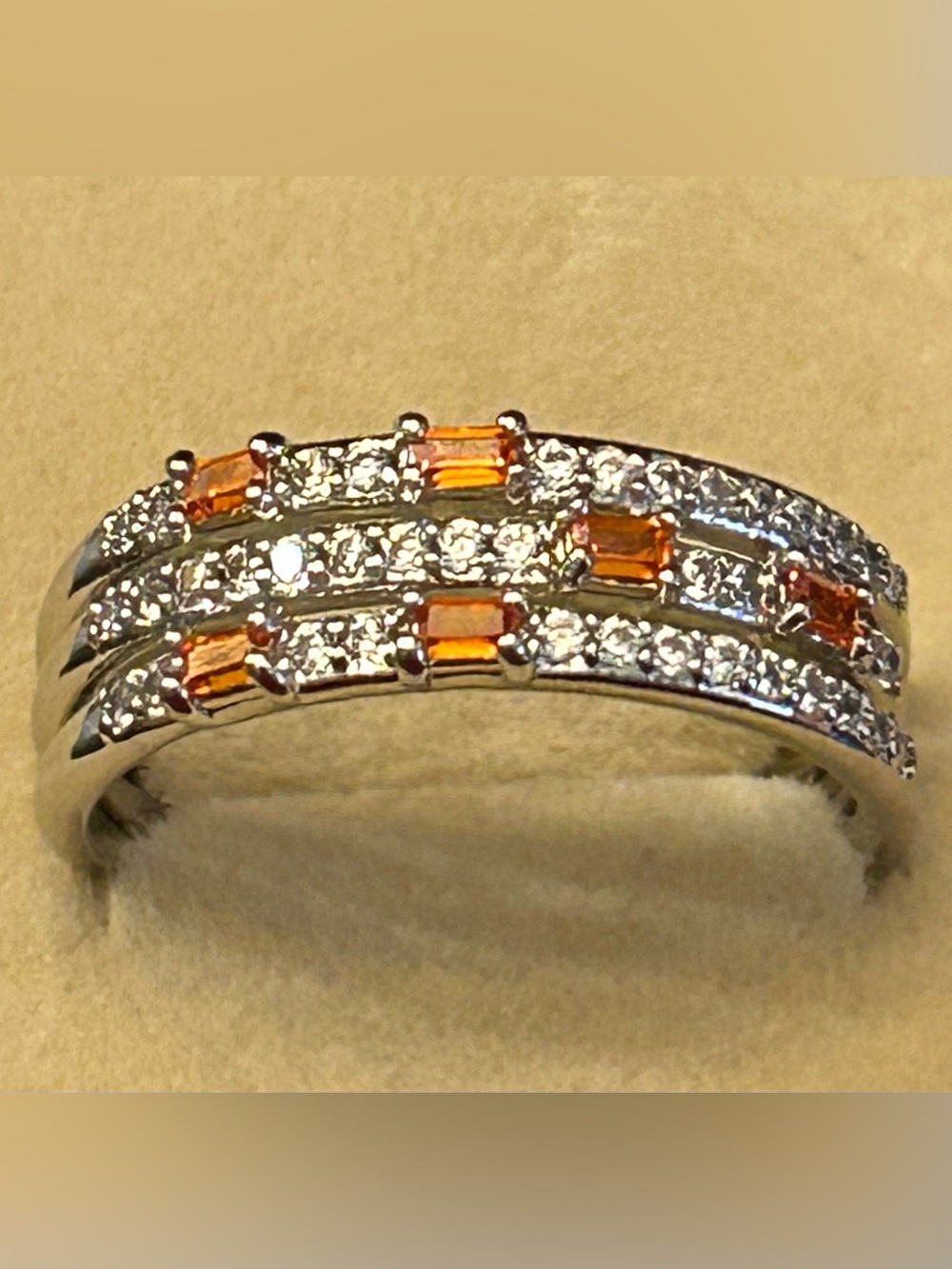 BP Silver-tone Band Ring w/Orange Baguette Lab Sapphires & Clear Round Accents